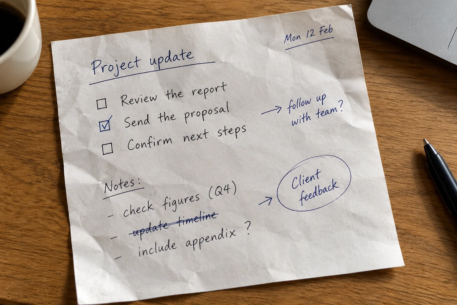 Illustrative photo of a creased handwritten project note with three tasks, a date, follow-up reminder, Q4 figures, crossed-out timeline item and client feedback.