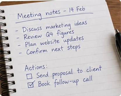 Illustration of handwritten meeting notes on lined paper