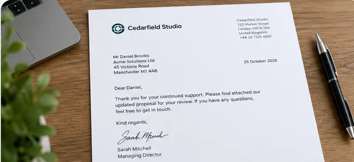 Realistic illustrative business letter with sender letterhead, date, recipient, body text and signature on a desk
