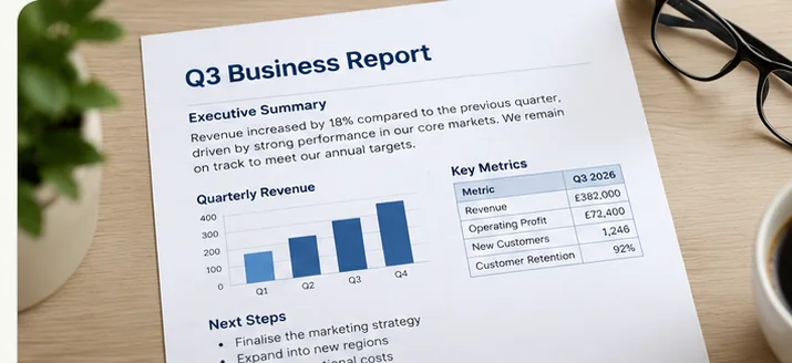 Realistic illustrative quarterly business report with bar chart, metrics table and executive summary