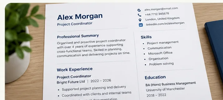 Realistic illustrative two-column professional CV with work history, skills, education and contact details