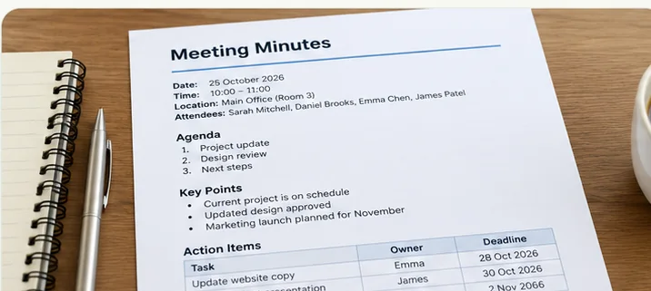 Realistic illustrative meeting minutes with agenda, attendees, decisions and action items table