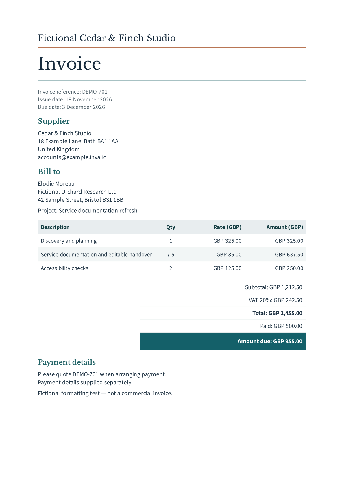 Ledger fictional sample, first page